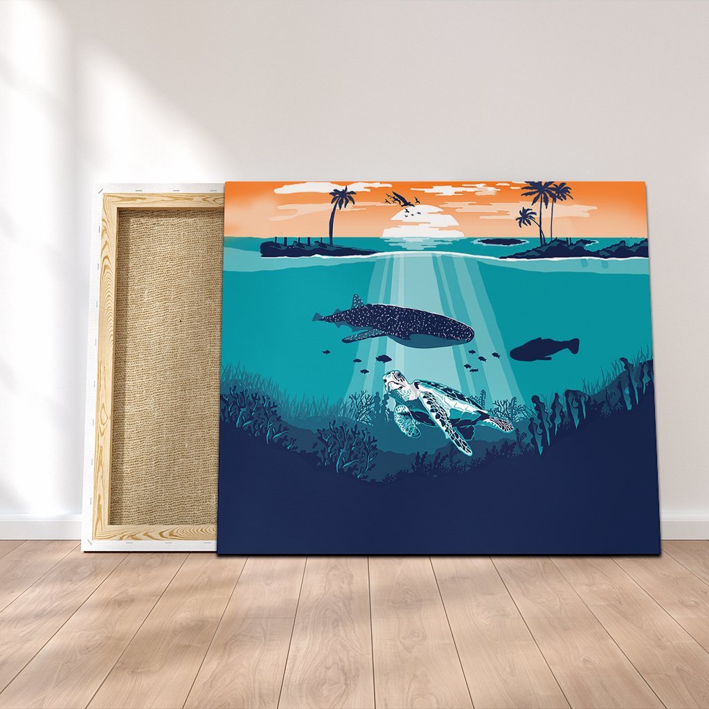 Hawaiian Whale And Turtle In Sunset Polynesian Canvas - AH Canvas Poly-cotton - Polynesian Pride