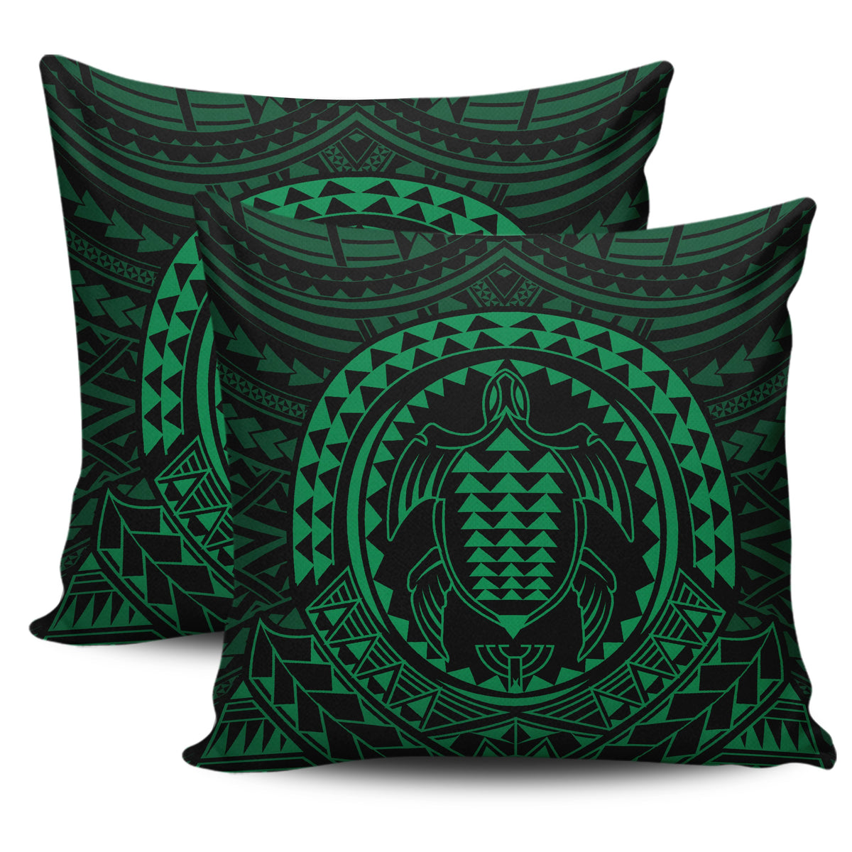 Hawaiian Kakau Honu Arc Green Polynesian Pillow Covers One Size Zippered Pillow Cases 18"x 18" (Twin Sides) (Set of 2) Green - Polynesian Pride