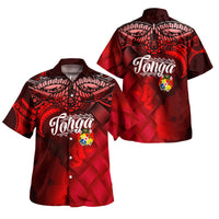 Tonga Polynesian Hawaiian Shirt - Tonga Coat Of Arms With Lauhala Tribal Pattern Red - Polynesian Pride
