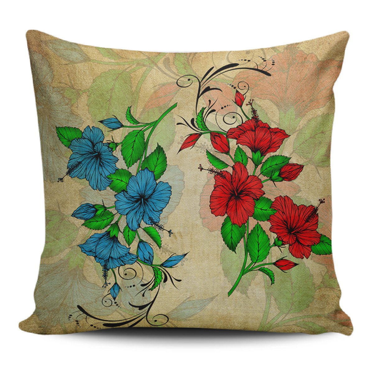 Hibiscus Blue And Red Pillow Covers One Size Zippered Pillow Case 18"x18"(Twin Sides) Black - Polynesian Pride