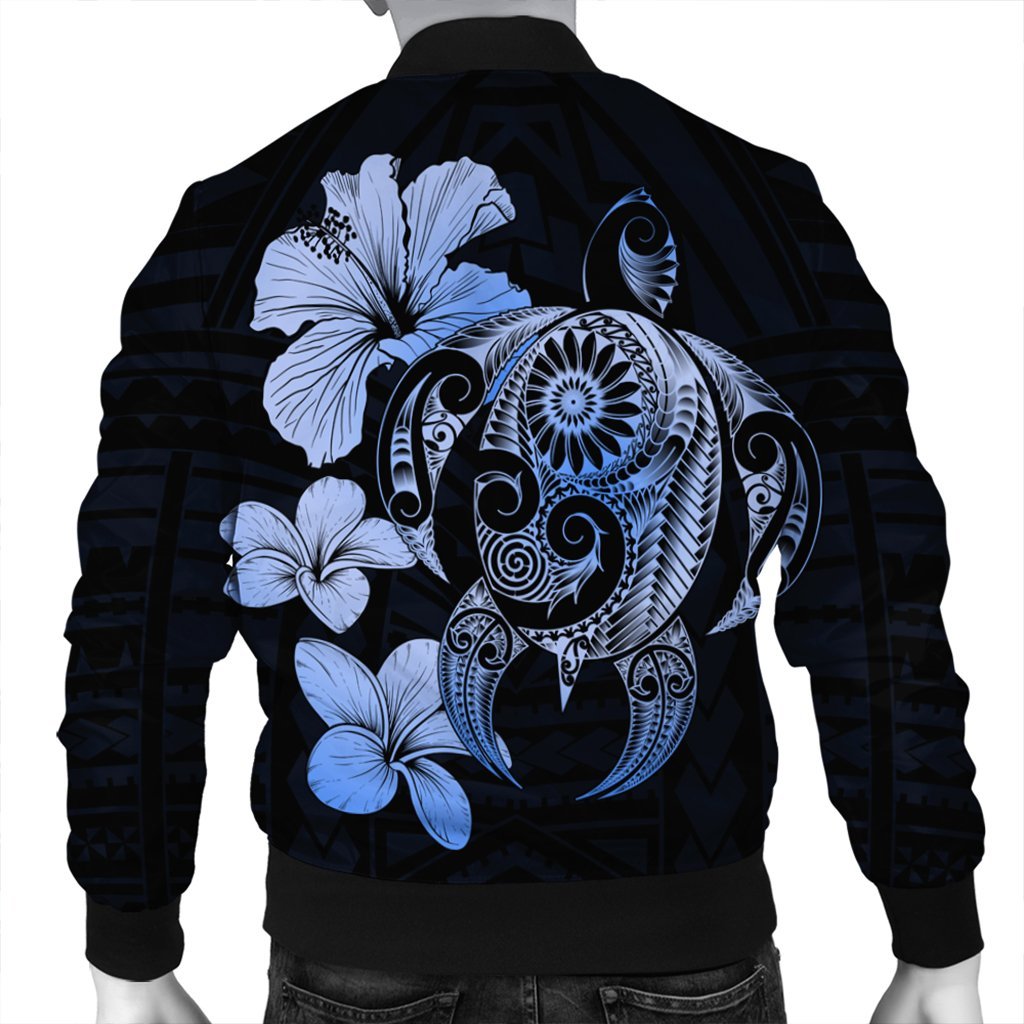 Hibiscus Plumeria Mix Polynesian Turtle Bomber Jacket Blue - AH - Polynesian Pride