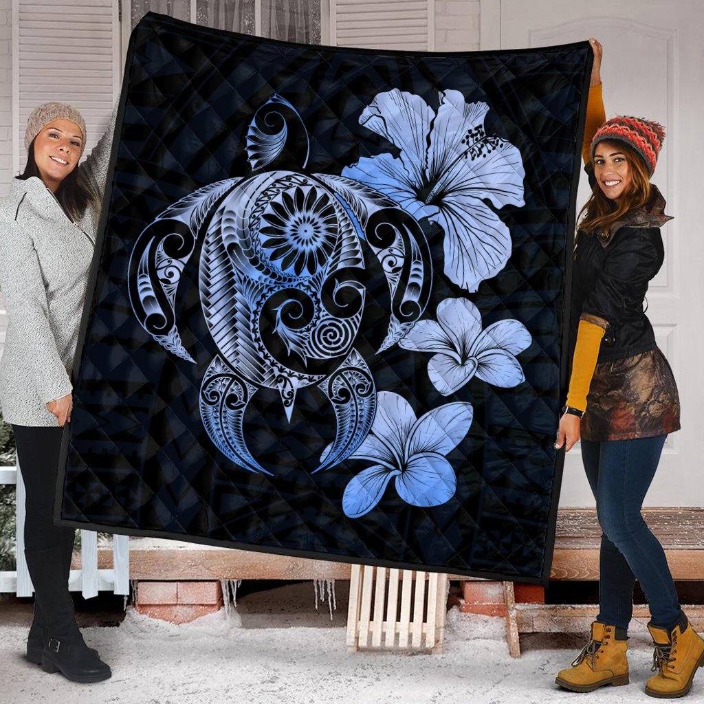 Hibiscus Plumeria Mix Polynesian Turtle Premium Quilts Blue - AH - Polynesian Pride