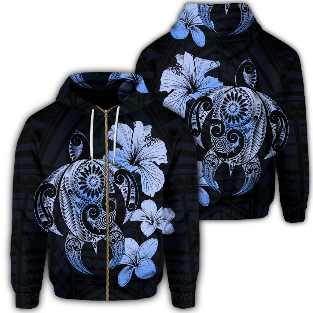 Hibiscus Plumeria Mix Polynesian Turtle Zip Hoodie Blue Unisex Art - Polynesian Pride
