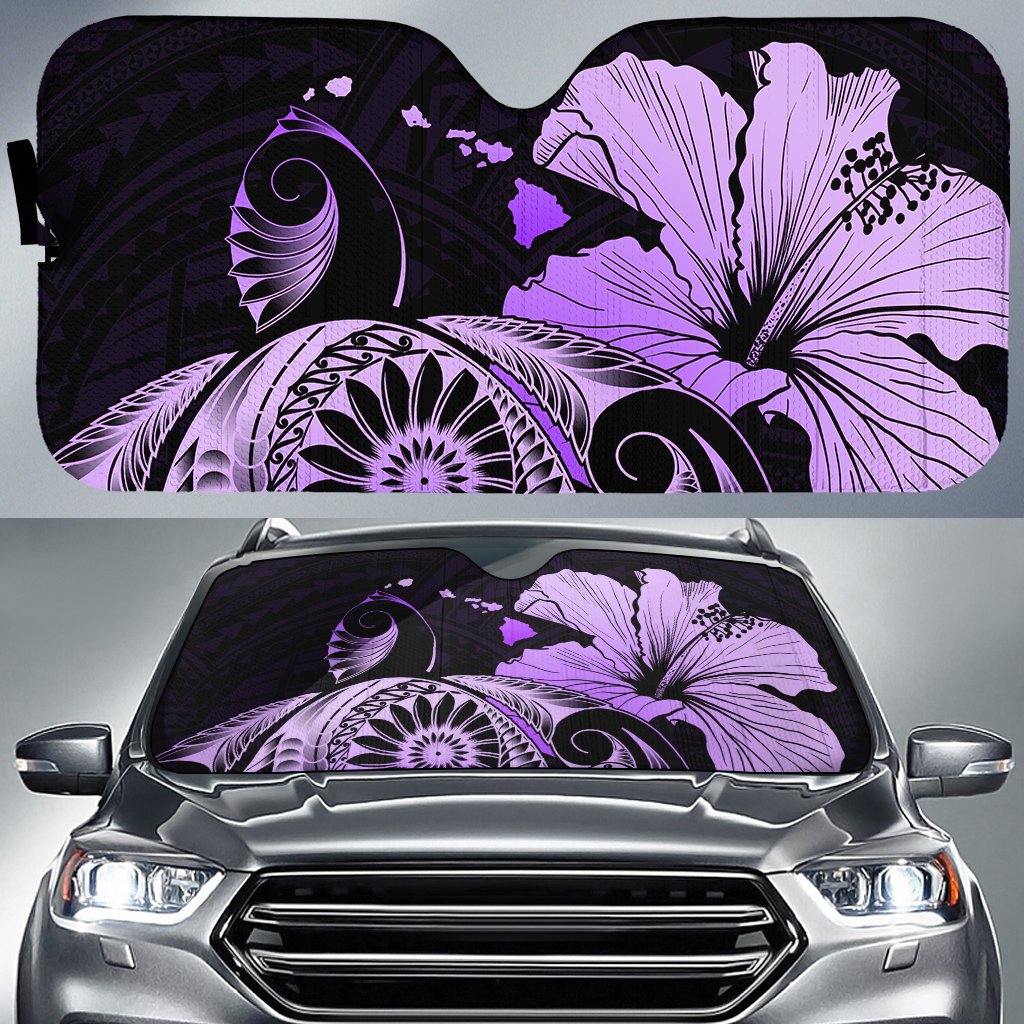 Hibiscus Plumeria Mix Polynesian Turtle Car Sun Shade Violet AH Auto Sun Shade Universal Fit White - Polynesian Pride