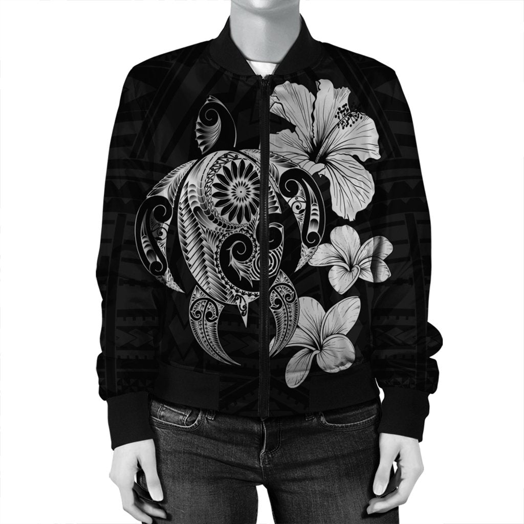 Hibiscus Plumeria Mix Polynesian Turtle Bomber Jacket Gray - AH - Polynesian Pride