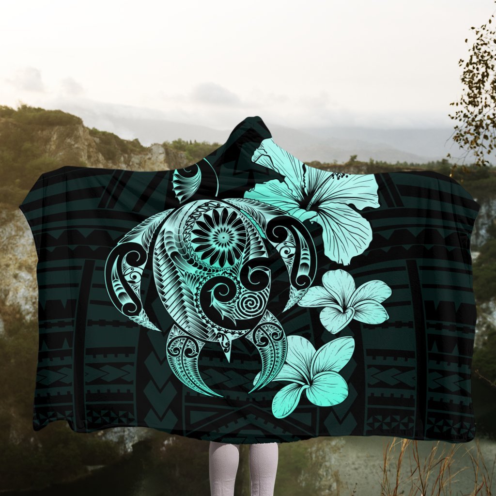 Hibiscus Plumeria Mix Polynesian Turtle Hooded Blanket Turquoise - AH - Polynesian Pride