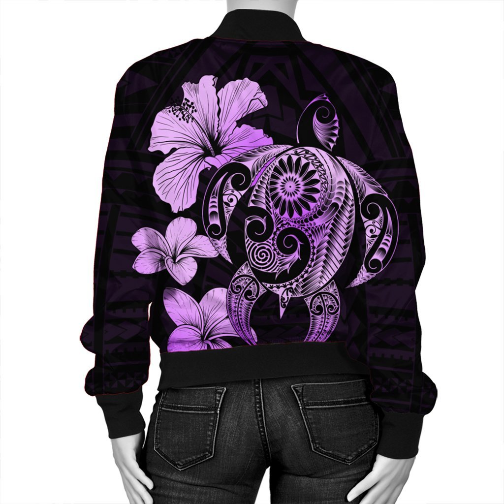 Hibiscus Plumeria Mix Polynesian Turtle Bomber Jacket Violet - AH - Polynesian Pride