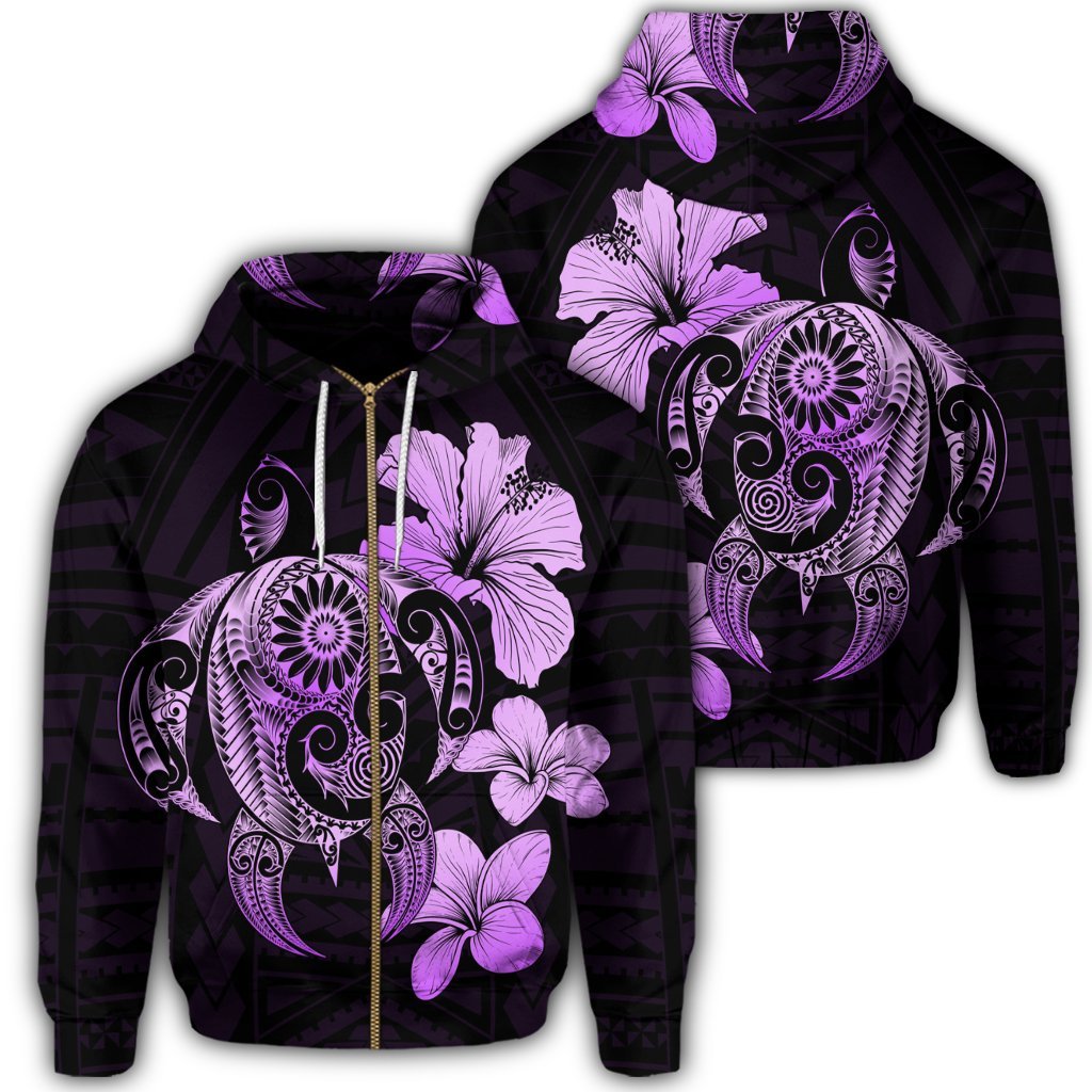 Hibiscus Plumeria Mix Polynesian Turtle Zip Hoodie Violet Unisex Art - Polynesian Pride
