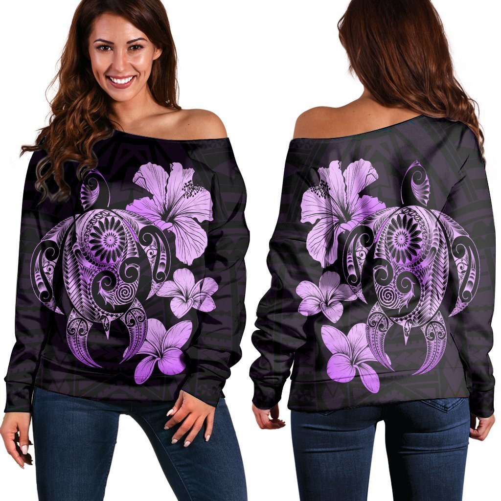 Hibiscus Plumeria Mix Polynesian Turtle Women's Off Shoulder Sweater Violet - AH Black - Polynesian Pride