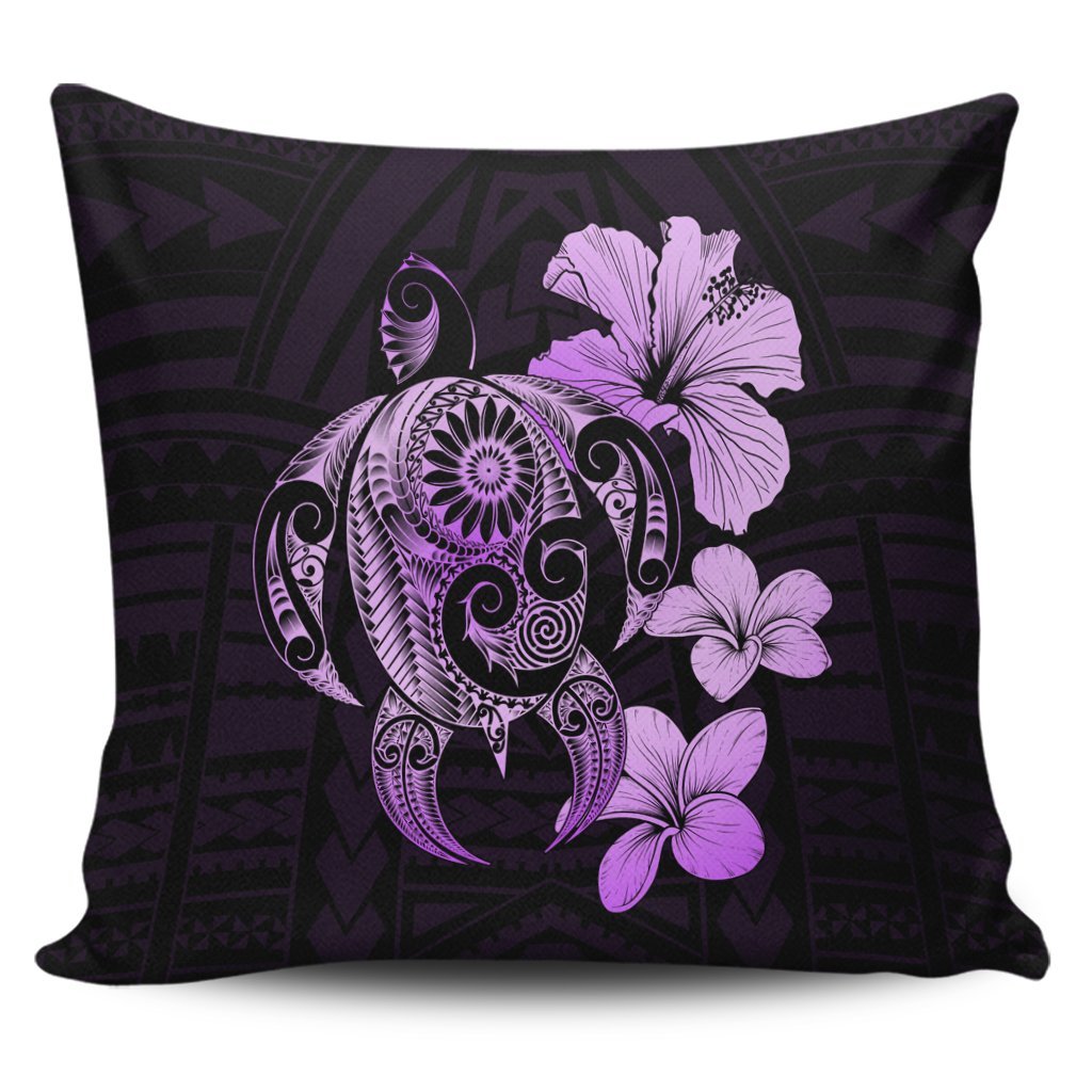 Hibiscus Plumeria Mix Polynesian Turtle Pillow Covers Violet - AH Pillow Covers Black - Polynesian Pride