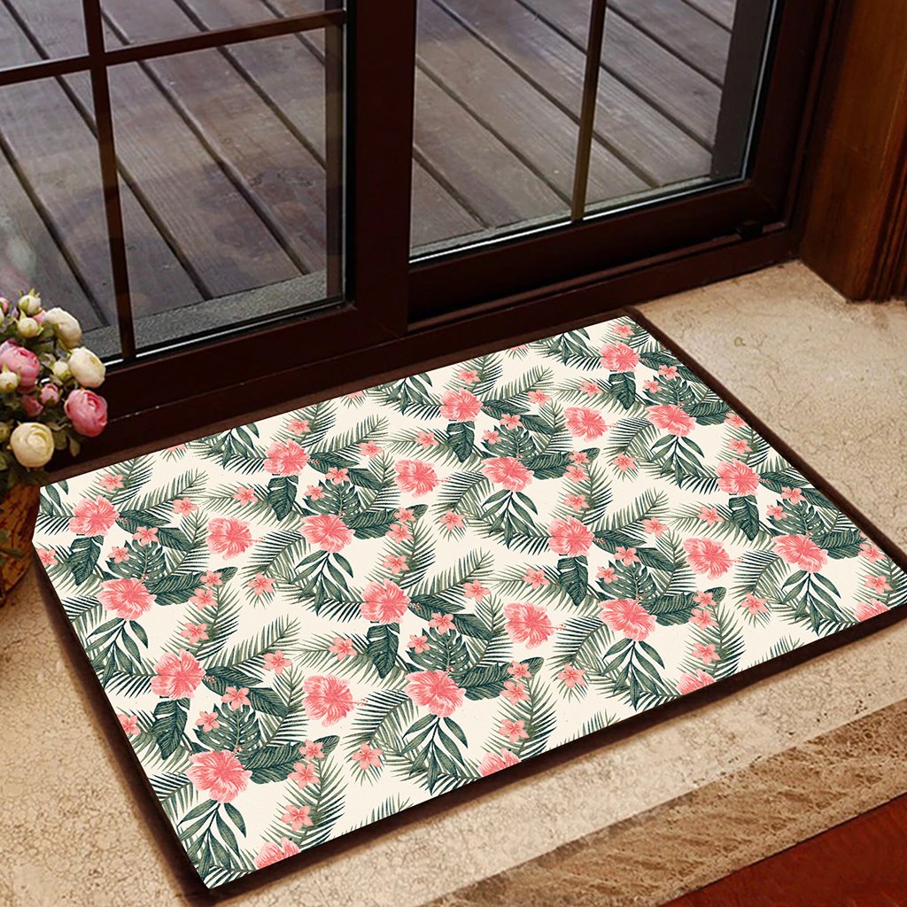 Hibiscus Plumeria Tropical Red Hawaii Door Mat Door Mat Black - Polynesian Pride