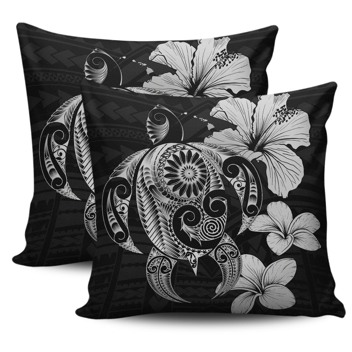 Hibiscus Plumeria Mix Polynesian Gray Turtle Pillow Covers One Size Zippered Pillow Cases 18"x 18" (Twin Sides) (Set of 2) Gray - Polynesian Pride