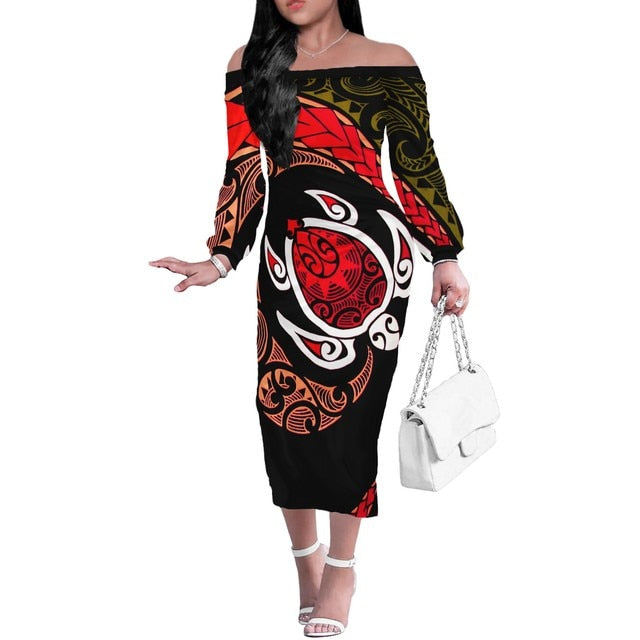 Polynesian Pride Hawaii Tribal Sea Turtle Polynesian Pattern Off Shoulder Long Sleeve Dress Red Color Women Red - Polynesian Pride