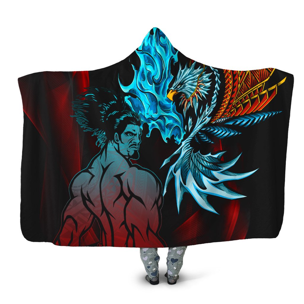 Samoa Hooded Blanket - Samoan Warrior With Eagle Hooded Blanket Black - Polynesian Pride