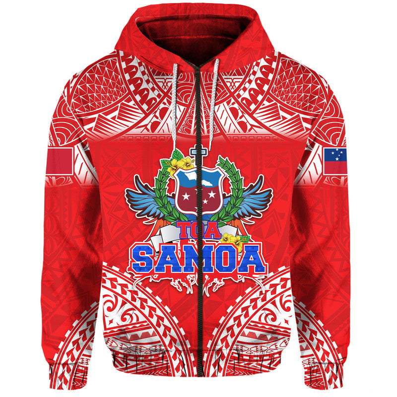 Toa Samoa Polynesian Rugby Hoodie Samoan Flag Red Color LT9 Zip Hoodie Red - Polynesian Pride