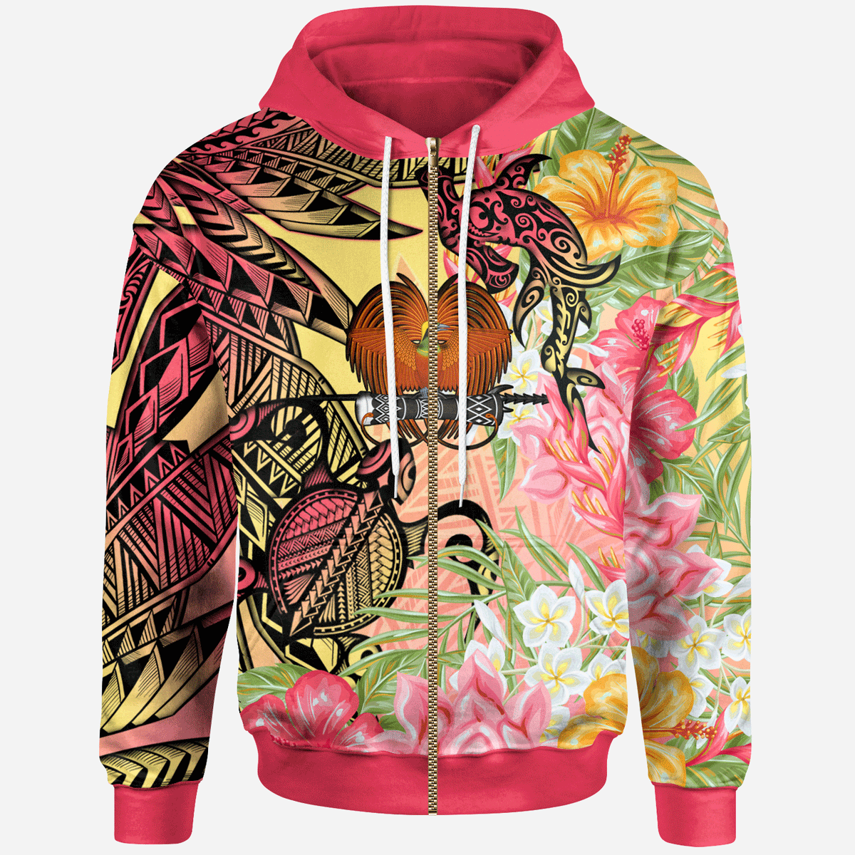 Papua New Guinea Zip Hoodie Flowers Tropical With Sea Animals Unisex Pink - Polynesian Pride