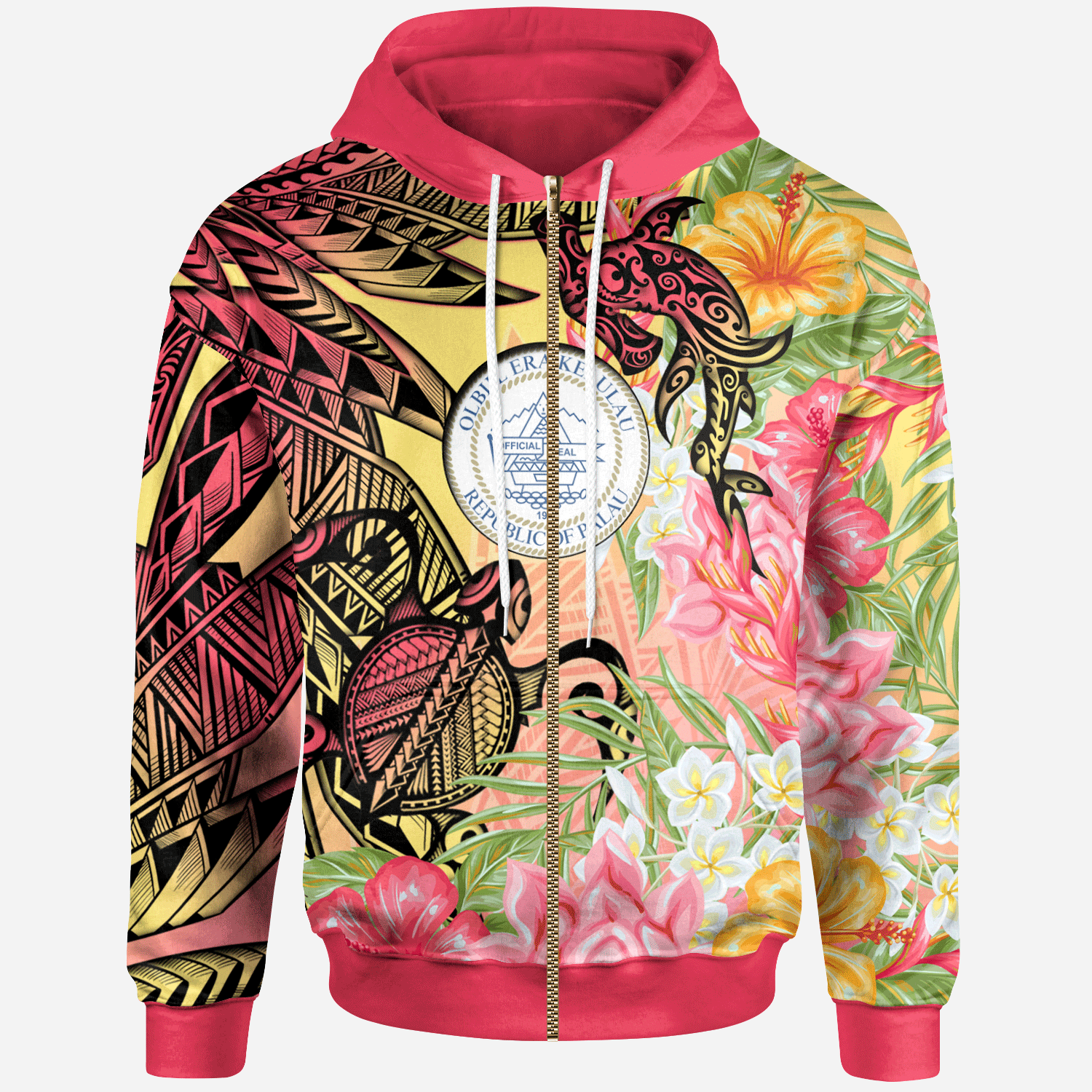 Palau Zip Hoodie Flowers Tropical With Sea Animals Unisex Pink - Polynesian Pride