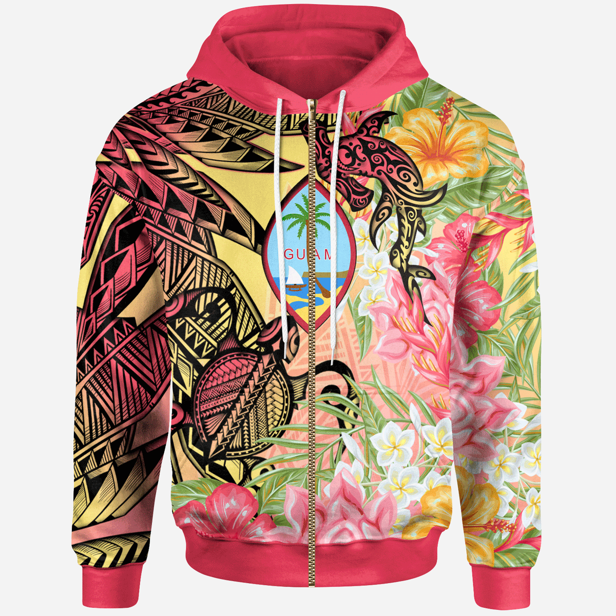 Guam Zip Hoodie Flowers Tropical With Sea Animals Unisex Pink - Polynesian Pride
