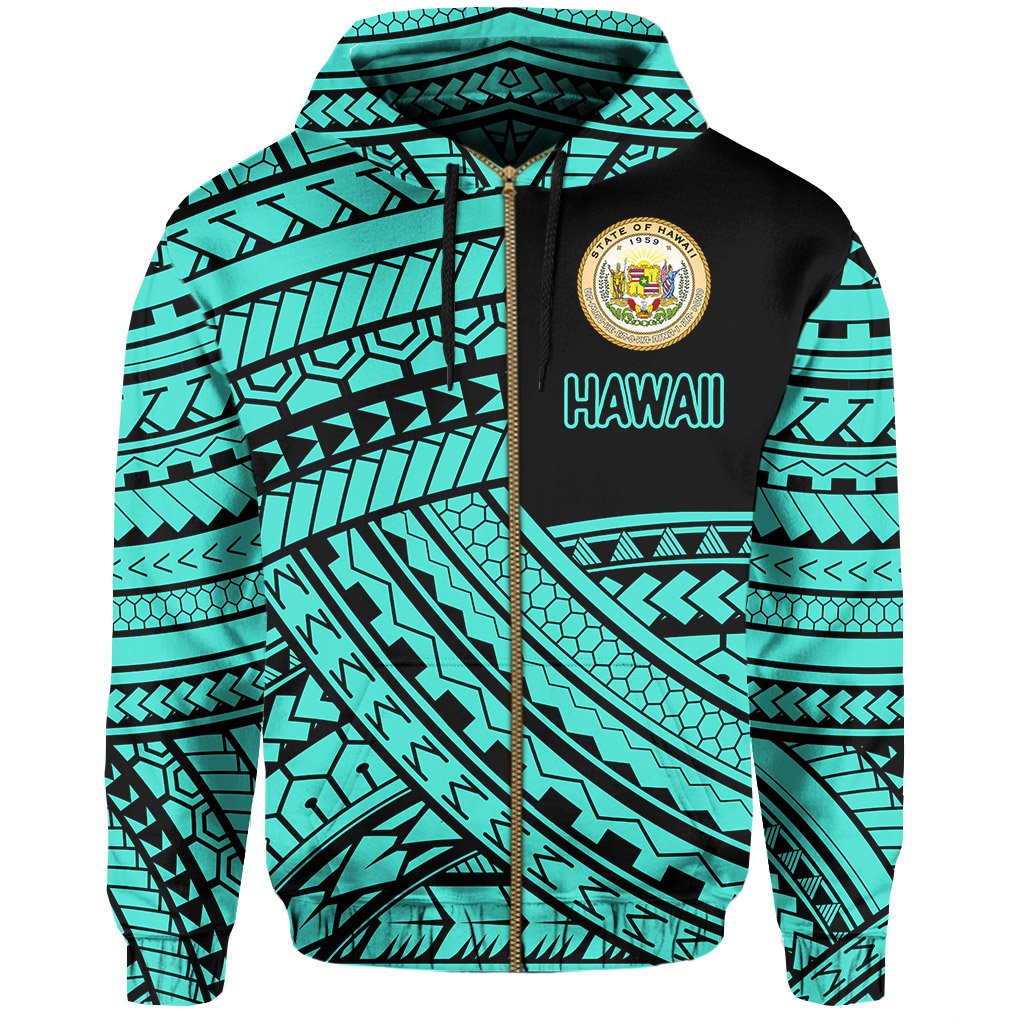 Polynesian Protect Mauna Kea Kanaka Maoli Hawaii Zip Hoodie Turquoise Quarter Style - Polynesian Pride