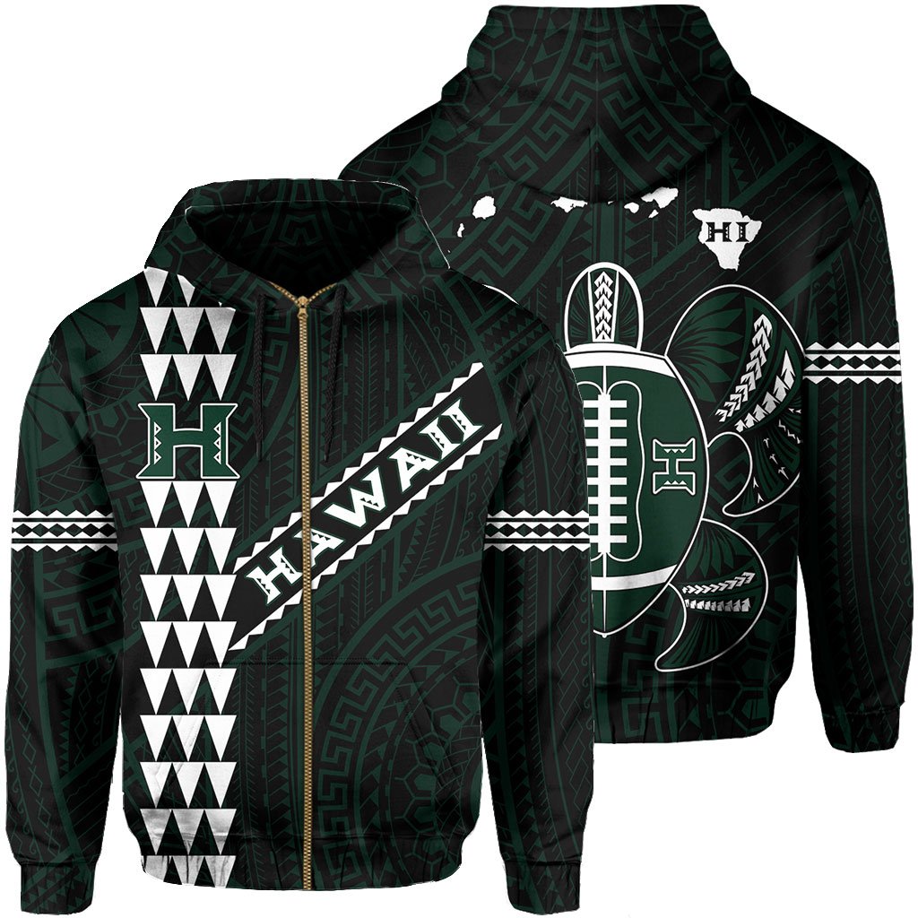 Polynesian Kakau Warrior Turtle American Football Map of Hawaii Zip Hoodiep Black Unisex Black - Polynesian Pride