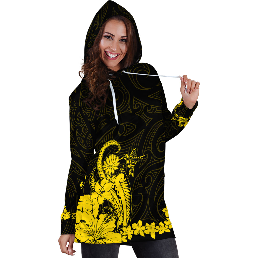 Maori Floral Pattern Hoodie Dress Hummingbird - Gold LT7 - Polynesian Pride