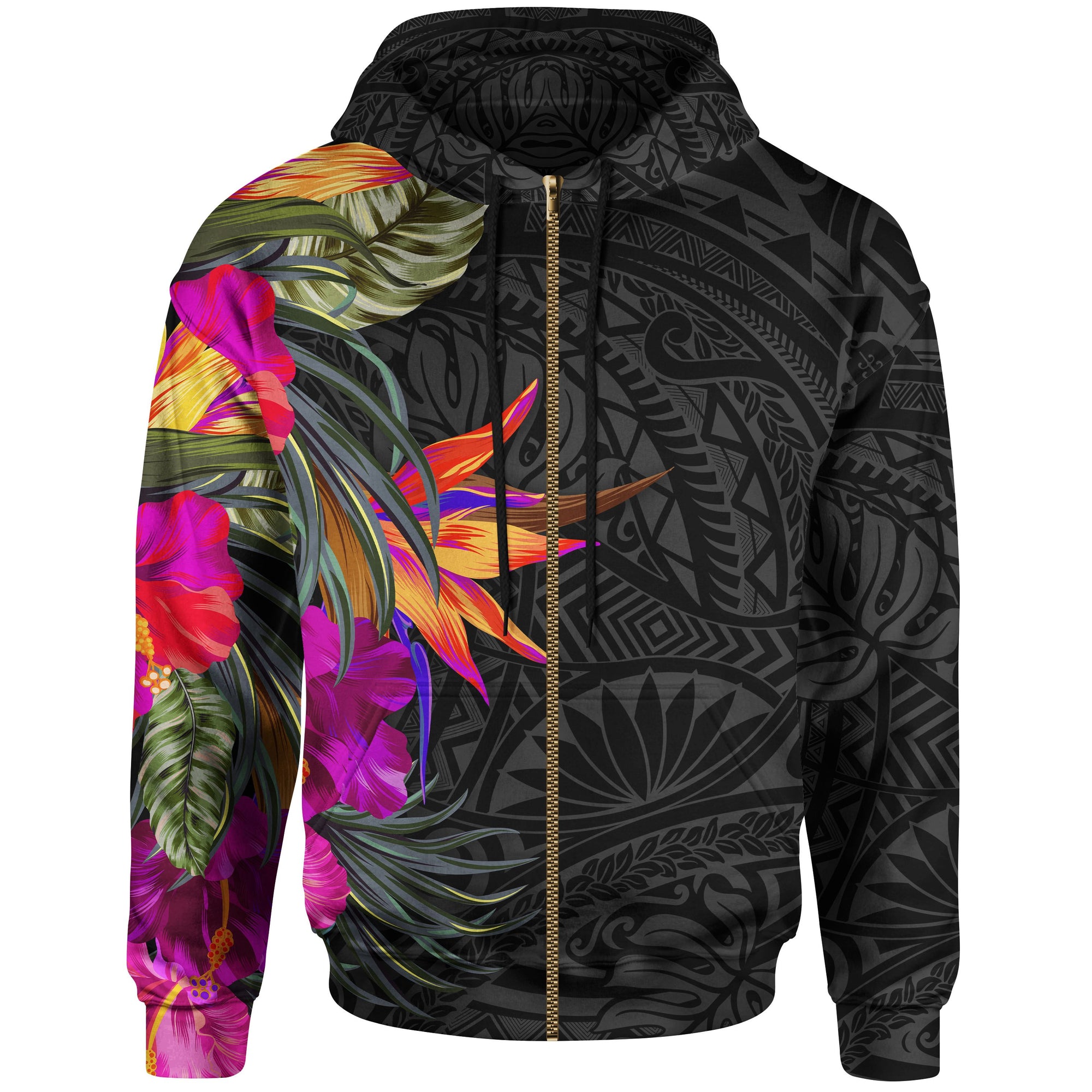 Polynesian Zip up Hoodie Hibiscus Pattern Unisex Black - Polynesian Pride