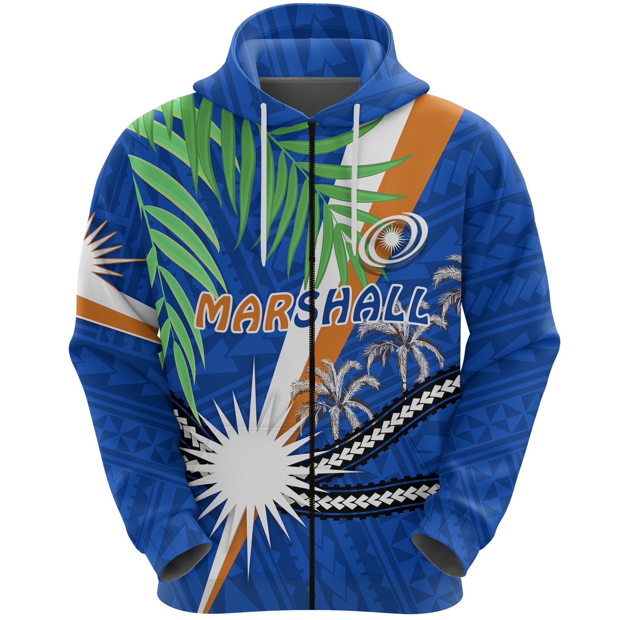 Marshall Islands Rugby Zip Hoodie Coconut Leaves Zip Hoodie Blue - Polynesian Pride