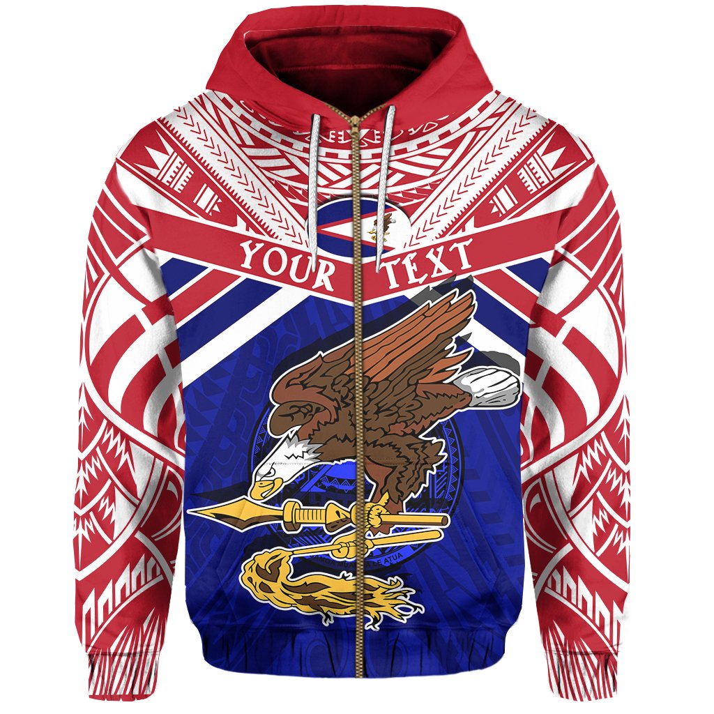 Custom American Samoa Rugby Zip Hoodie Eagle Flag Unisex Blue - Polynesian Pride