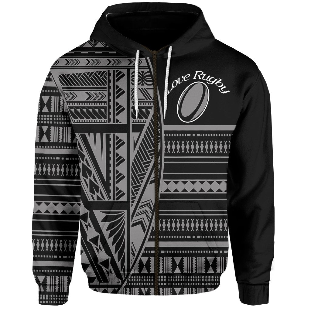 Custom Polynesian Rugby Zip Hoodie With Love Style Gray Custom Text and Number - Polynesian Pride