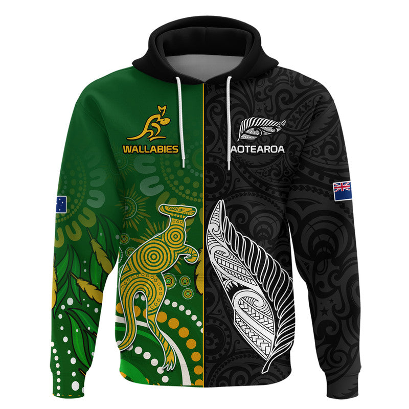 Custom Aotearoa Rugby All Black Combine Australia Wallabies Hoodie Aboriginal Kangaroo and Maori Fern LT9 Pullover Hoodie Black - Polynesian Pride