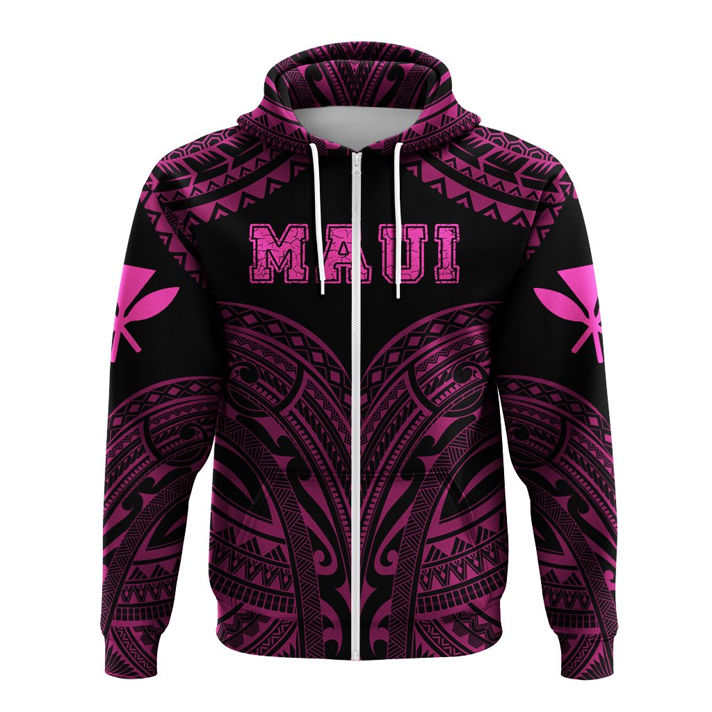Hawaiian Kanaka Map Polynesian Maui Hoodie Zip Pink Brad Style - Polynesian Pride