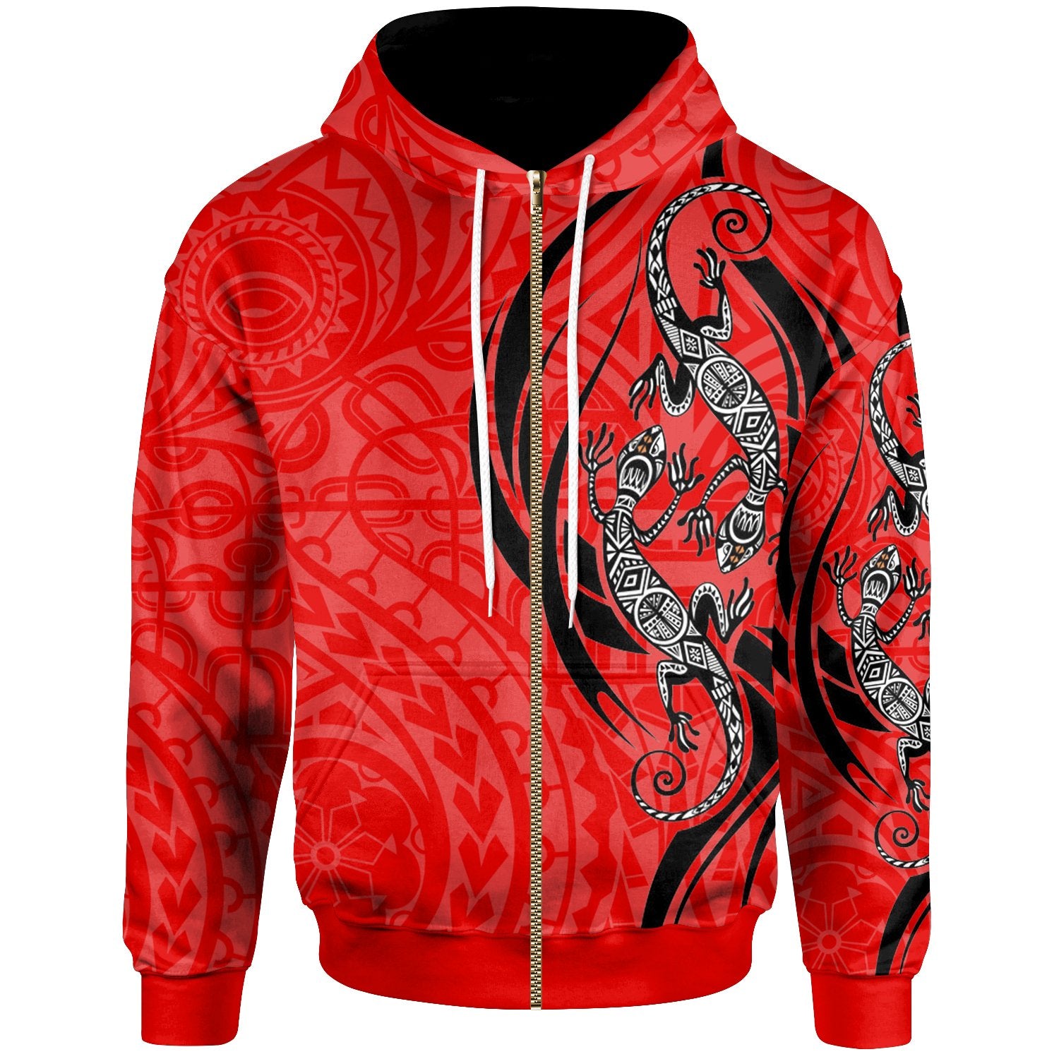 Polynesian Zip up Hoodie Polynesian Lizard Tattoo Red Color Unisex Red - Polynesian Pride