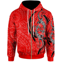 Polynesian Zip up Hoodie Polynesian Lizard Tattoo Red Color Unisex Red - Polynesian Pride