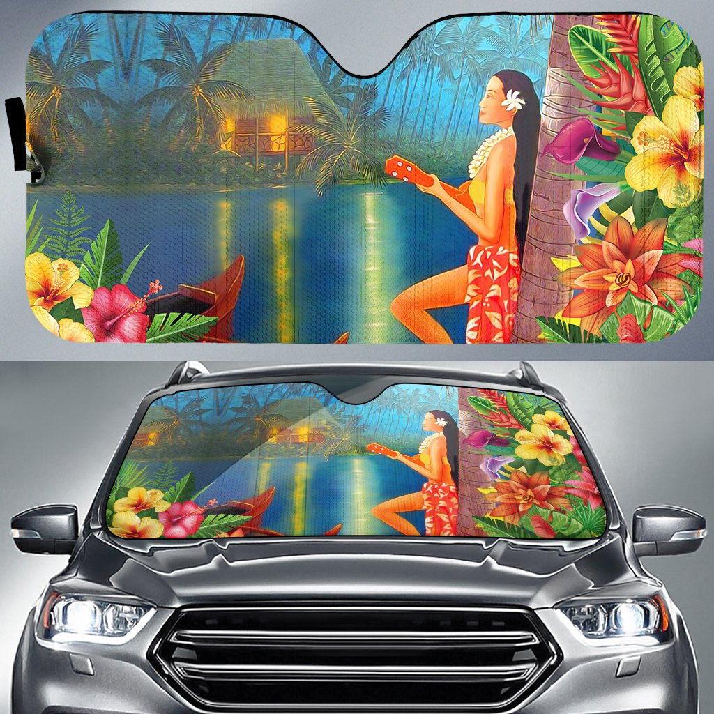 Hula Girl Sing In Village Car Sun Shade AH Auto Sun Shade Universal Fit White - Polynesian Pride