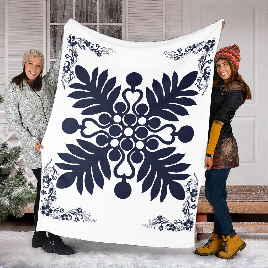Hawaiian Quilt Maui Plant And Hibiscus Premium Blanket - Indigo White - AH - Polynesian Pride