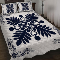 Hawaiian Quilt Maui Plant And Hibiscus Pattern Quilt Bed Set - Indigo White - AH - Polynesian Pride