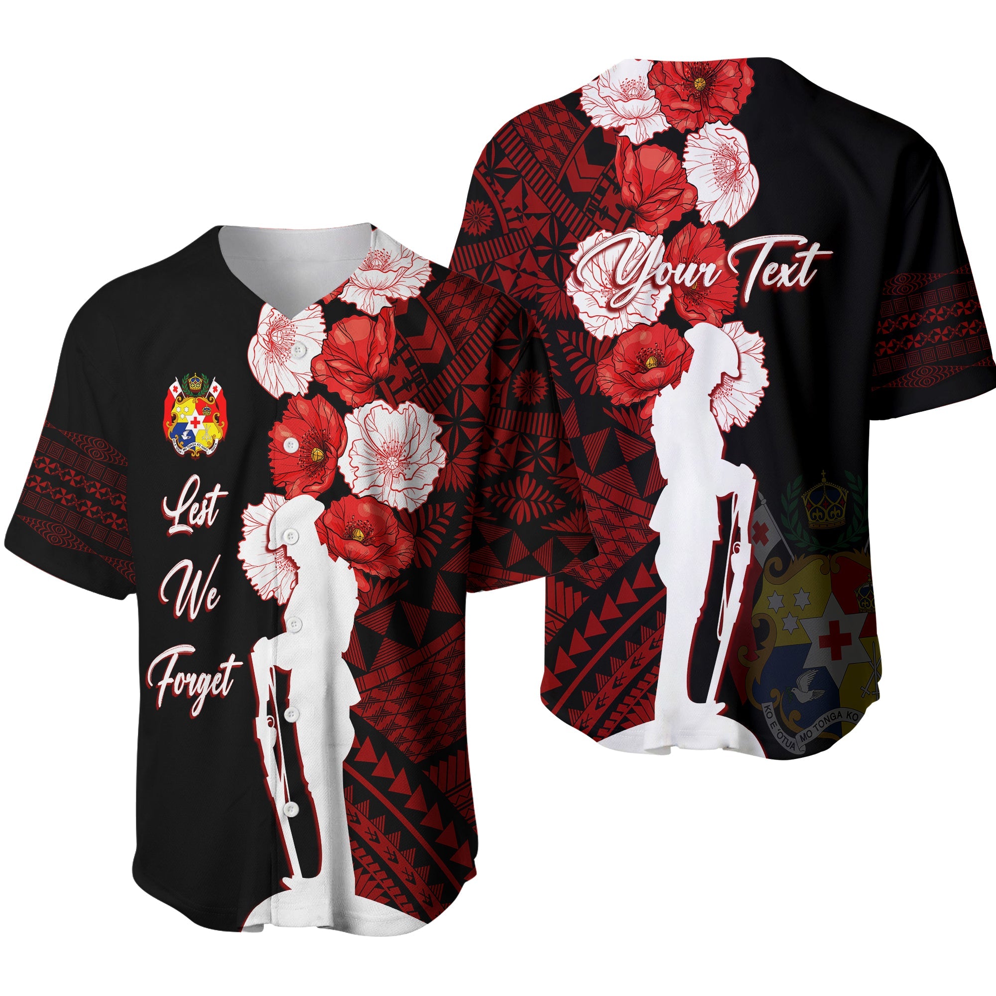 Tonga Baseball Jersey Anzac Day Lest We Forget LT7 Black - Polynesian Pride