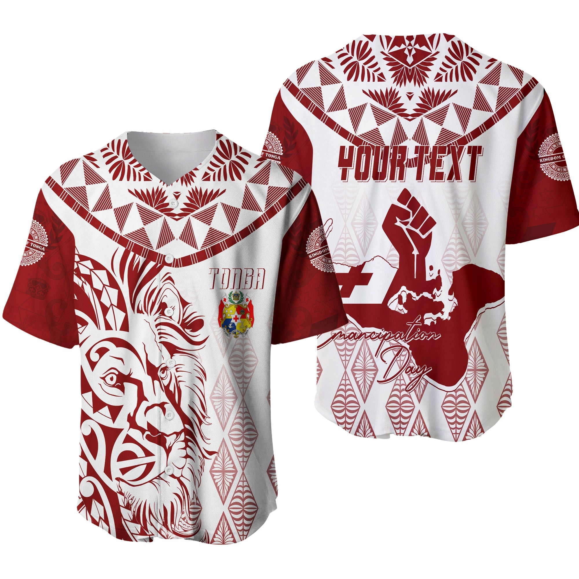 Tonga Personalised Baseball Jersey Emancipation Day Lion Style LT7 White - Polynesian Pride