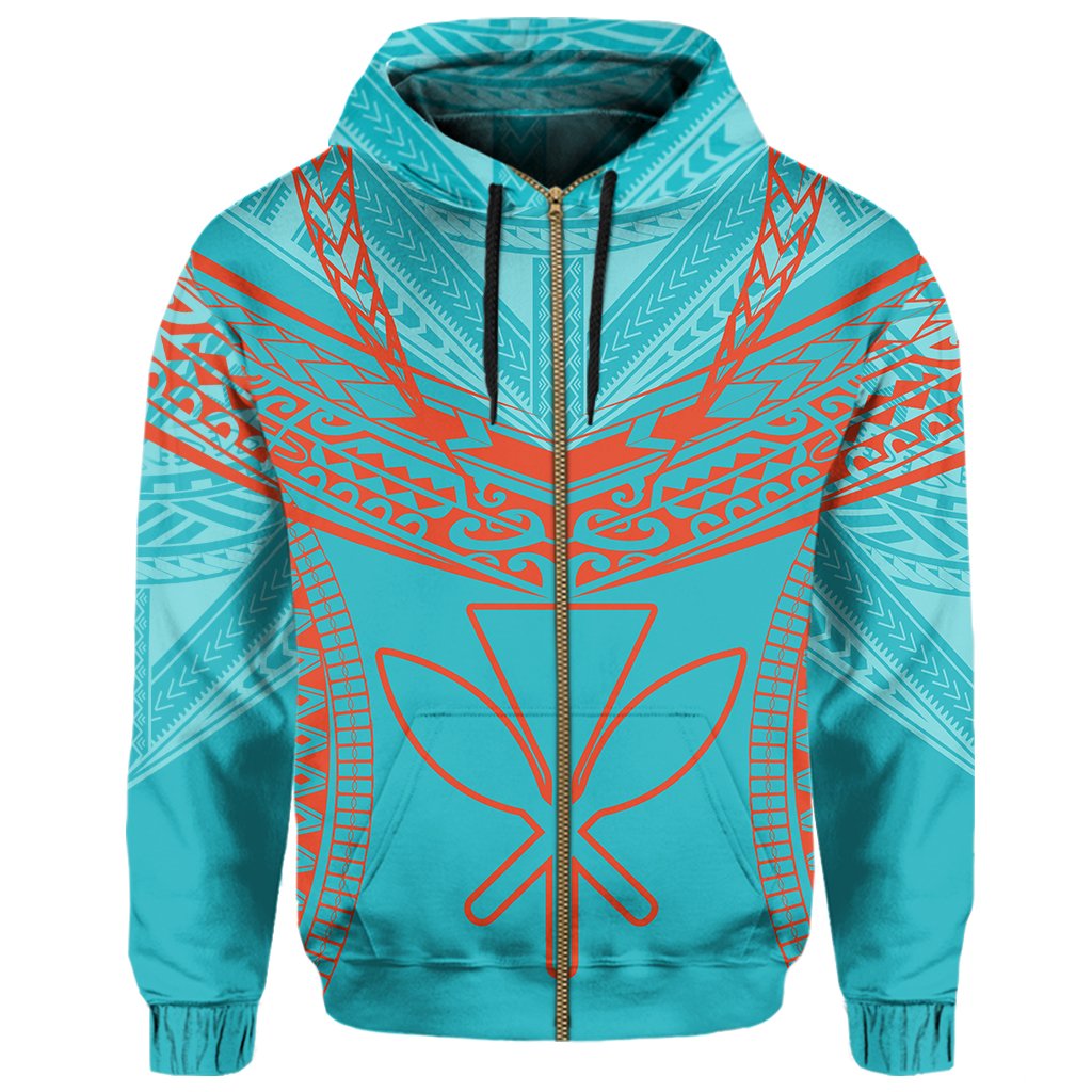 Hawaiian Kanaka Map Football Jersey Hoodie Zip Cyan Roger Style - Polynesian Pride