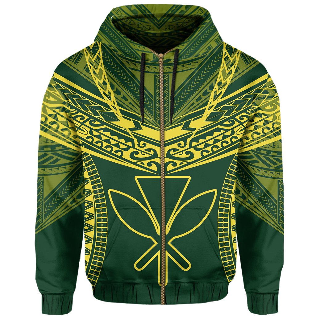 Hawaiian Kanaka Map Football Jersey Hoodie Zip Green and Yellow Roger Style - Polynesian Pride