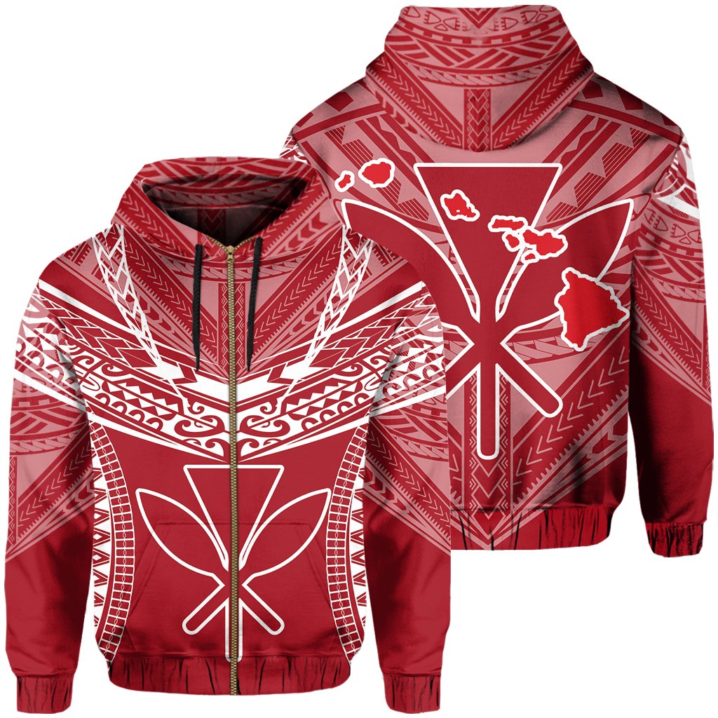 Hawaiian Kanaka Map Football Jersey Hoodie Zip Red and White Roger Style Unisex Red - Polynesian Pride