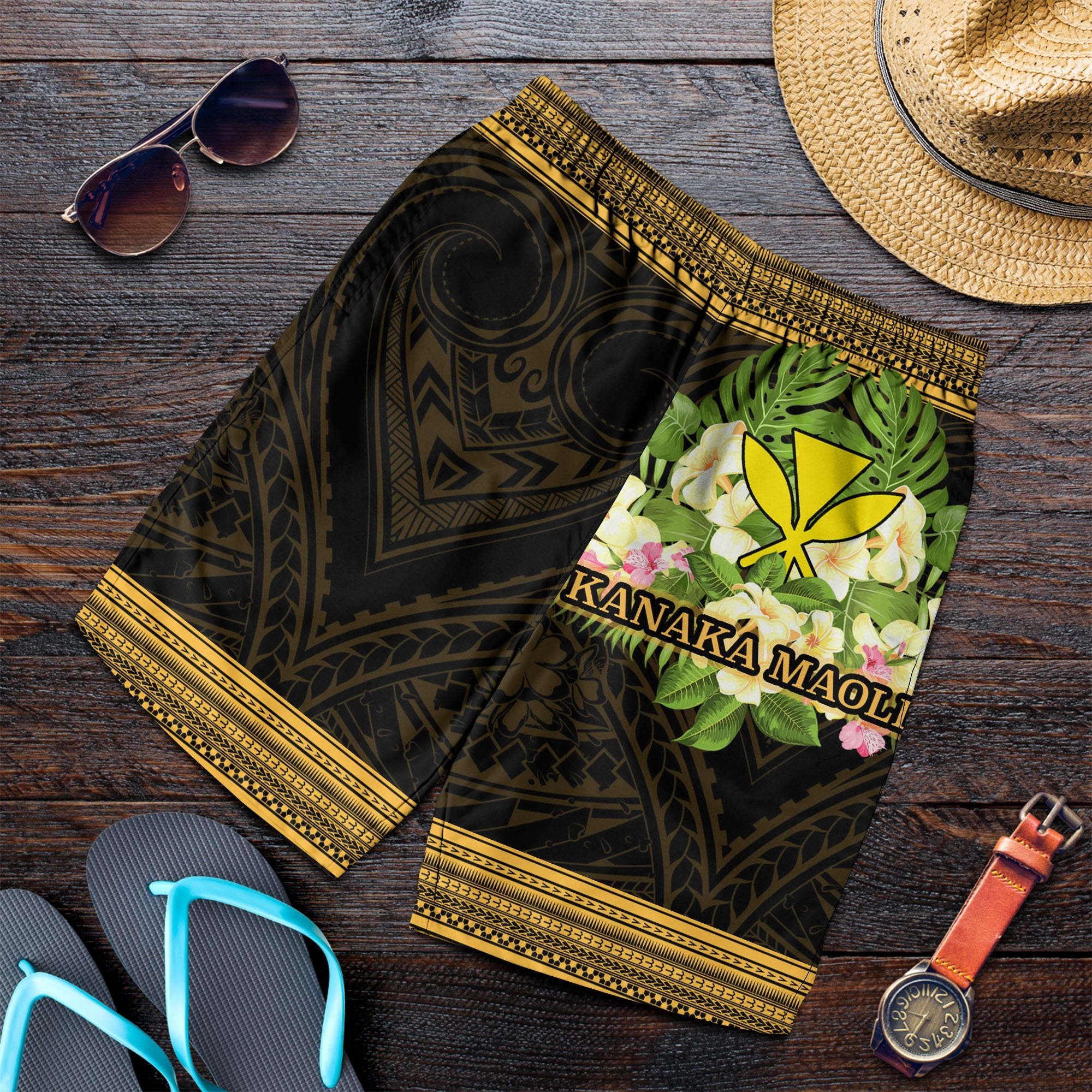 Hawaii Kanaka Maoli Men's Shorts - Polynesian Gold Patterns Collection Black - Polynesian Pride