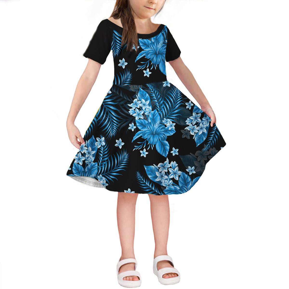 Hawaiian Short Sleeves Dress KID- Hawaii Flowers LT6 KID Blue - Polynesian Pride