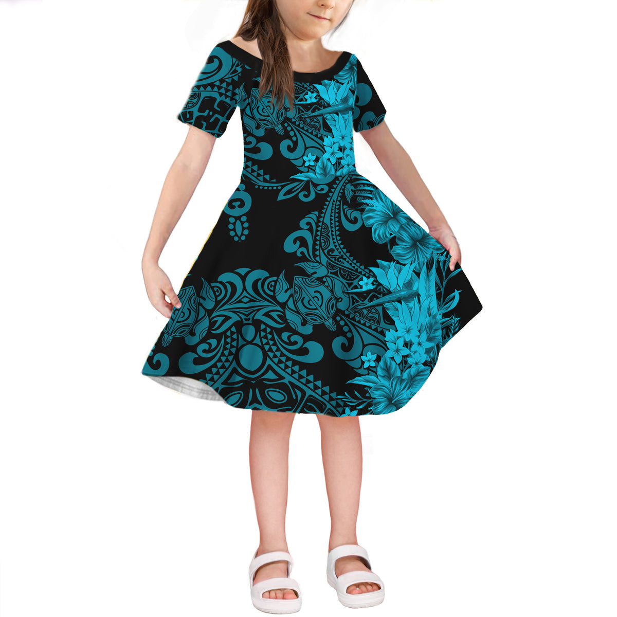 Hawaii Flowers Mix Tribal Pattern Short Sleeves Dress KID LT6 KID Light Blue - Polynesian Pride