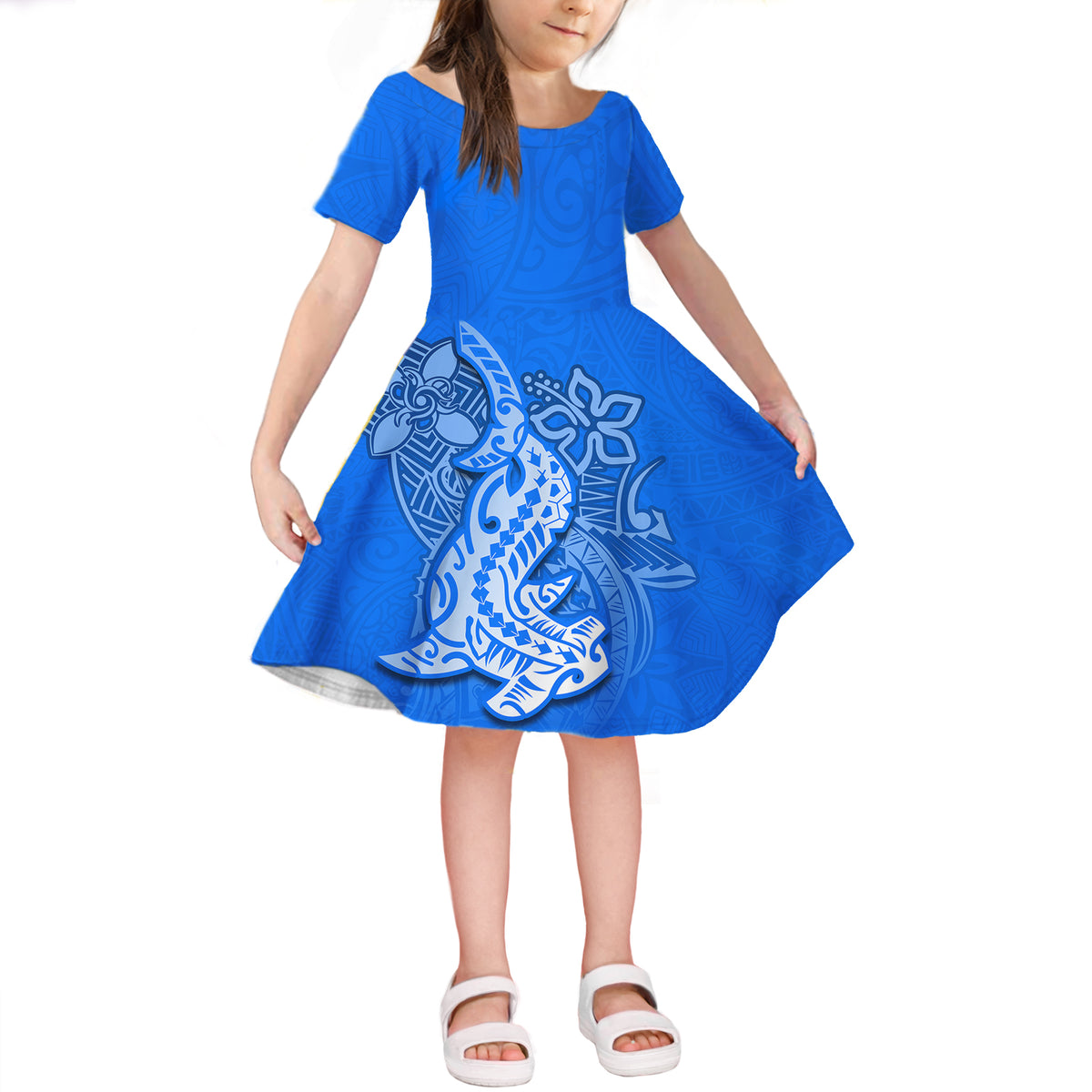 Hammerhead shark Short Sleeves Dress KID Polynesian Black Style LT6 KID Blue - Polynesian Pride