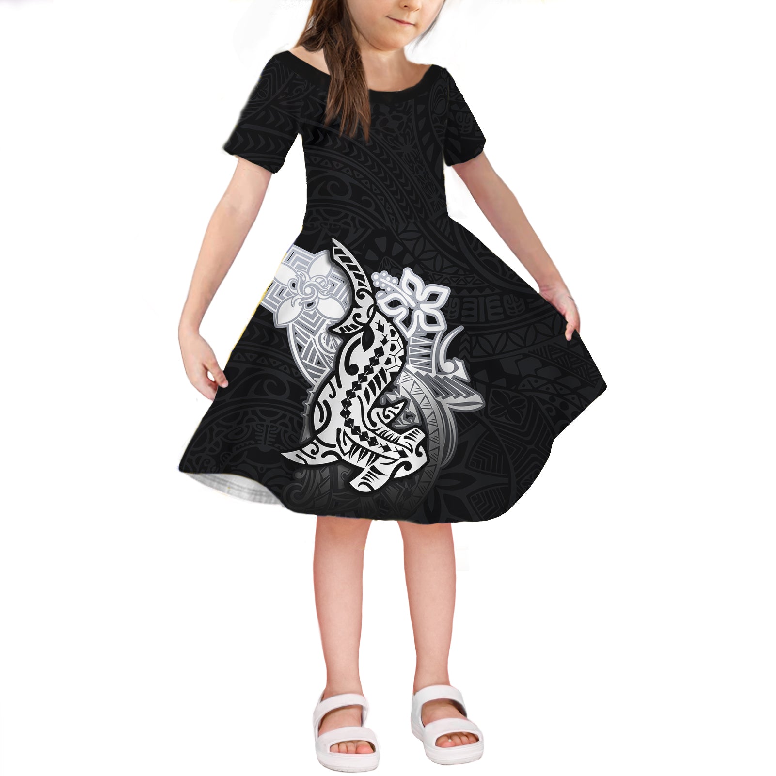 Hammerhead shark Short Sleeves Dress KID Polynesian Black Style LT6 KID Black - Polynesian Pride