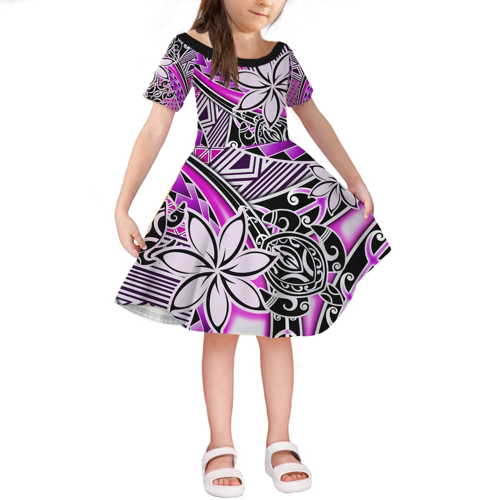 Hawaii Short Sleeve Dress KID Tribal Plumeria With Polynesian Turtle Ver.02 LT14 KID Purple - Polynesian Pride