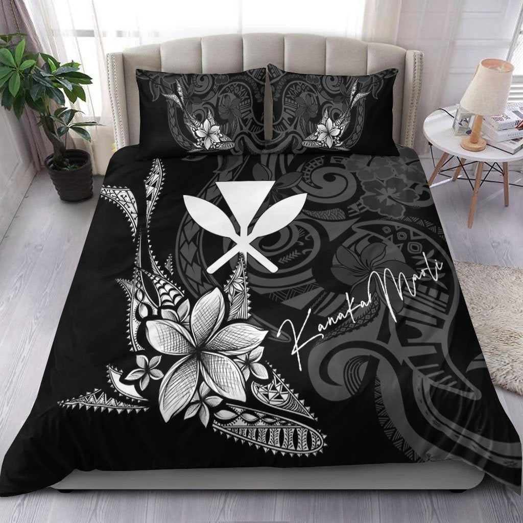 Hawaii Kanaka Maoli Bedding Set - Fish With Plumeria Flowers Style Black - Polynesian Pride