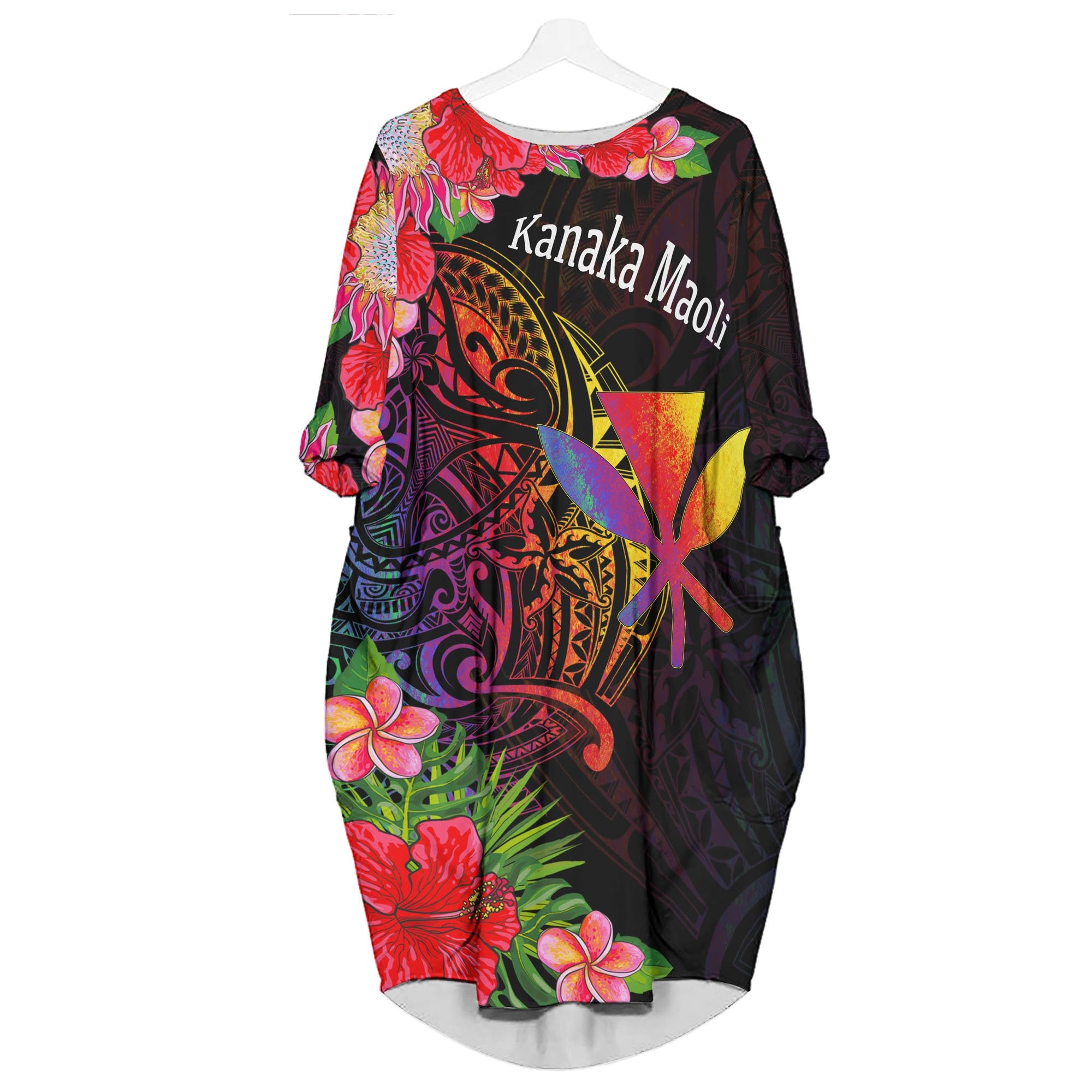 Hawaii Kanaka Maoli Batwing Pocket Dress - Tropical Hippie Style Women Black - Polynesian Pride