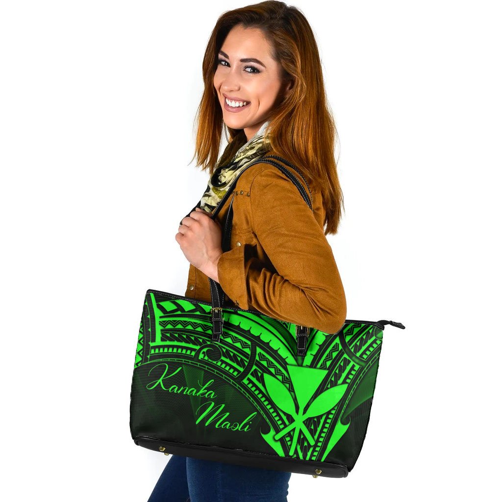 Hawaii Kanaka Maoli Leather Tote - Green Color Cross Style Black - Polynesian Pride